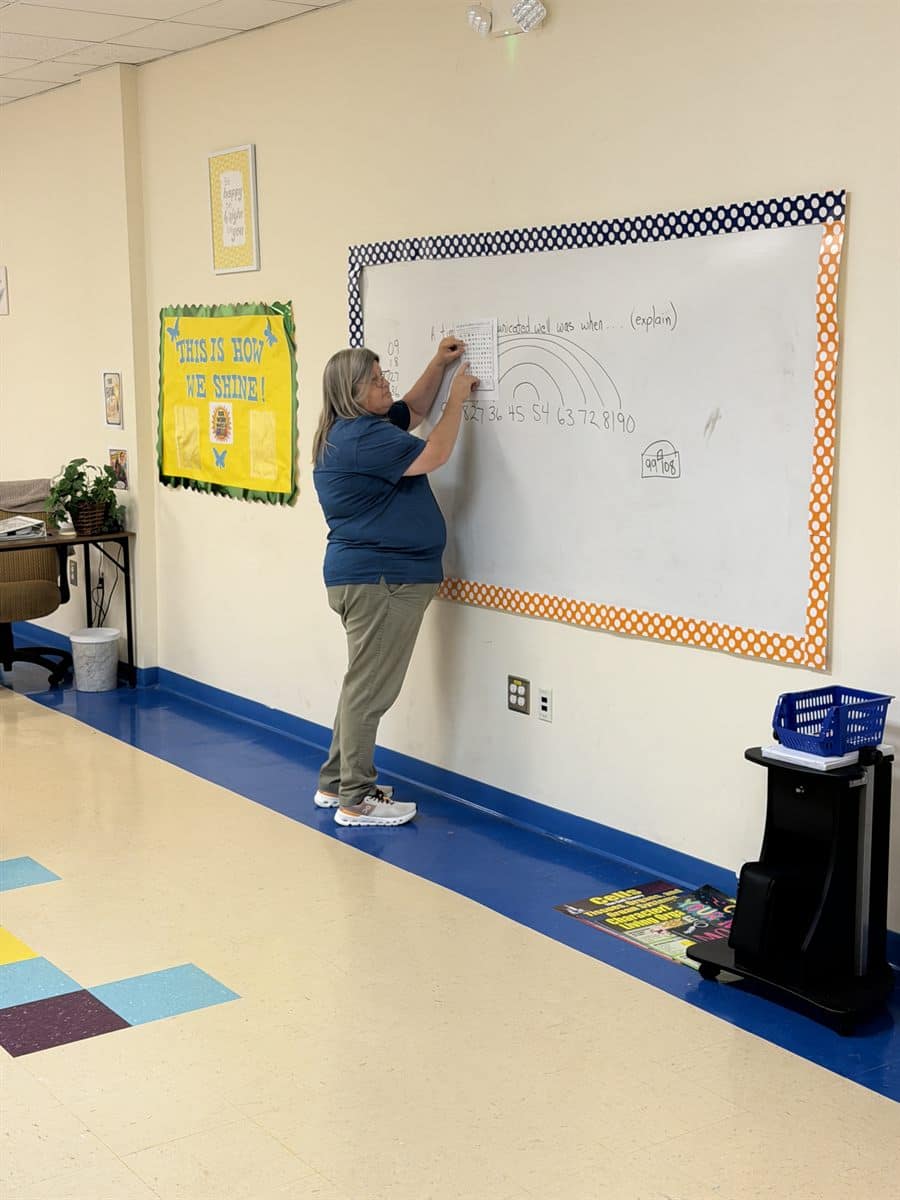 Behavioral health provider leading a structured day-treatment session at a classroom whiteboard