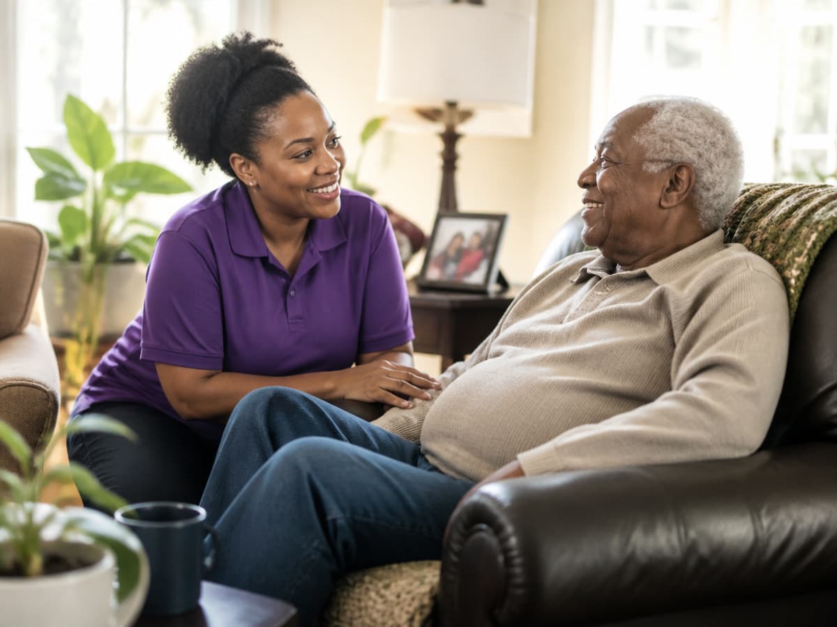 An in-home support worker sharing a warm, encouraging conversation with an older adult client seated comfortably at home