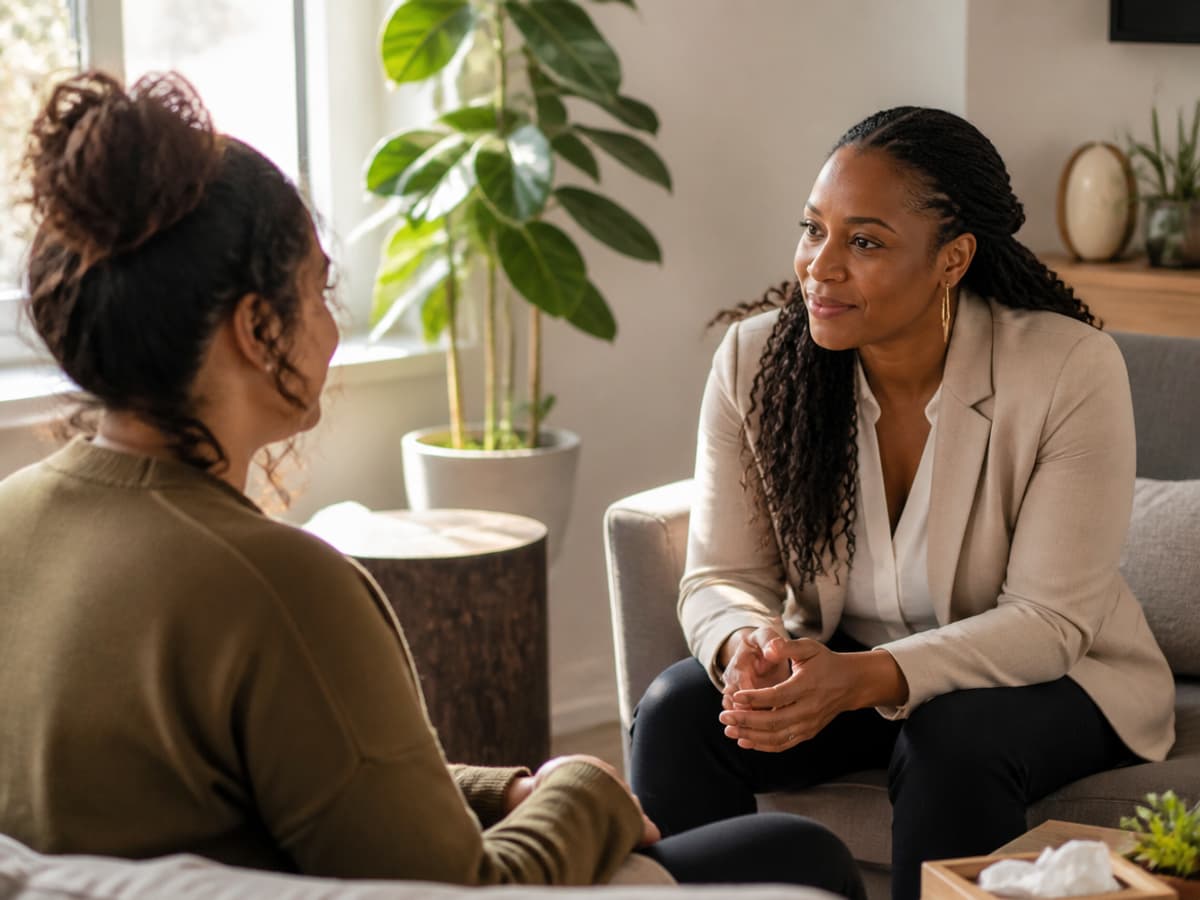 Counselor and adult client sharing a warm, supportive one-on-one counseling session